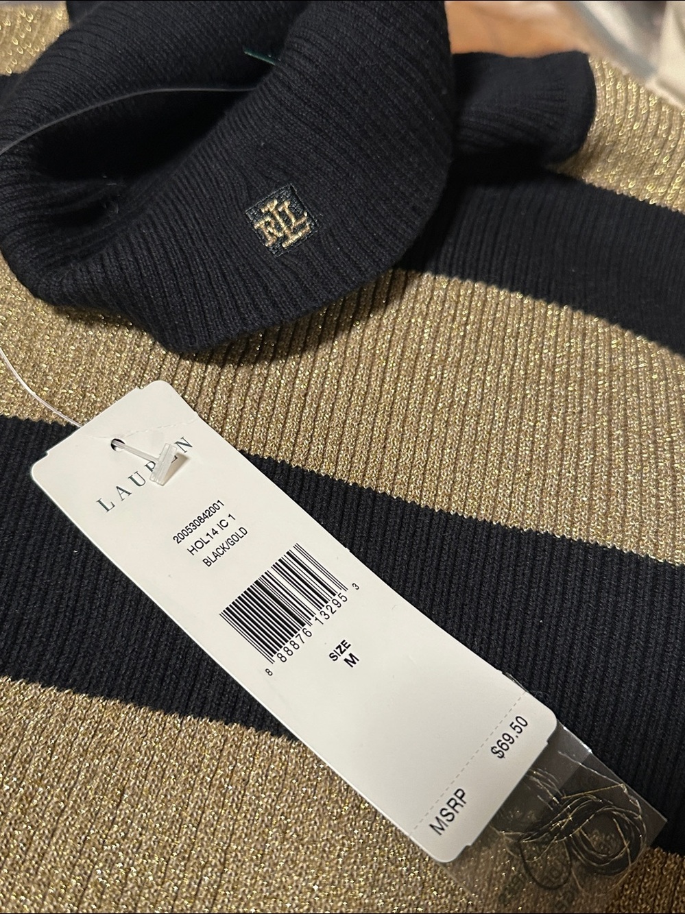 Ralph Lauren womens Black and Gold Metallic Stripe Turtleneck Sweater - Picture 2 of 3
